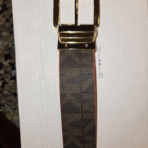 Michael Kors Reversible Belt XL / XXL Size 46 Gold Buckle Red Logo Black Brown - Picture 9 of 9